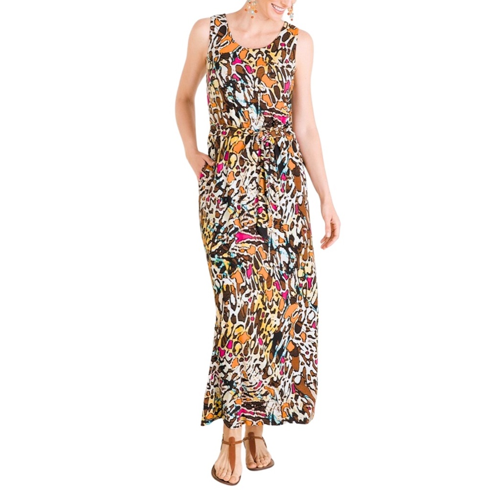 Chico’s Animal-Print Tie-Waist Maxi Dress Size 12/14 Tan Colorful Abstract Rayon